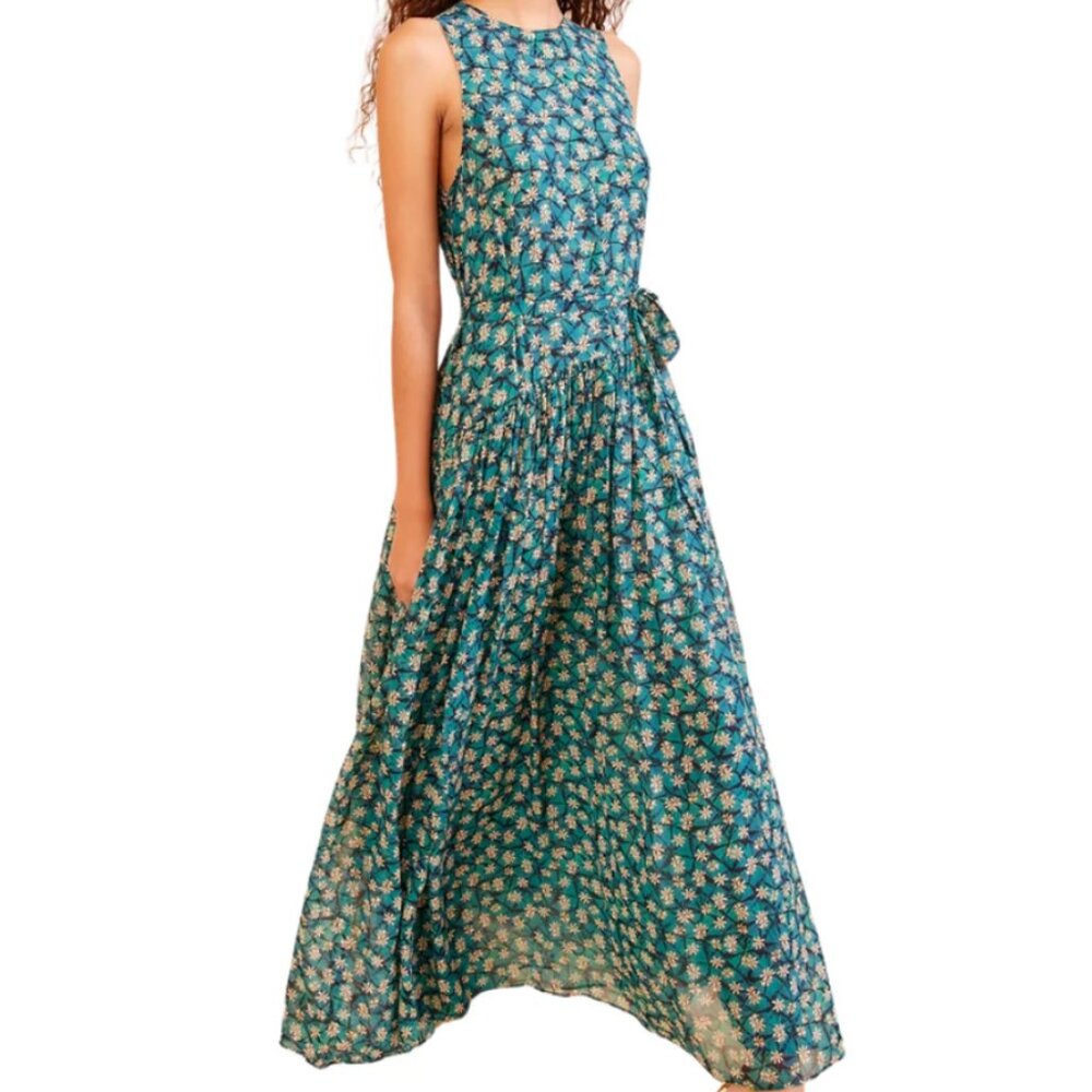 Ulla Johnson Eleni Maxi Dress Gown Printed Drop Waist Silk Clematis Floral Green